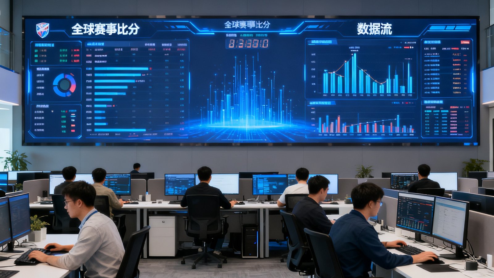 球探篮球比分公司办公室内景：开放式办公区域中数十名技术人员坐在电脑前工作，正面墙上挂着巨大的实时数据监控屏幕，显示全球赛事比分和数据流