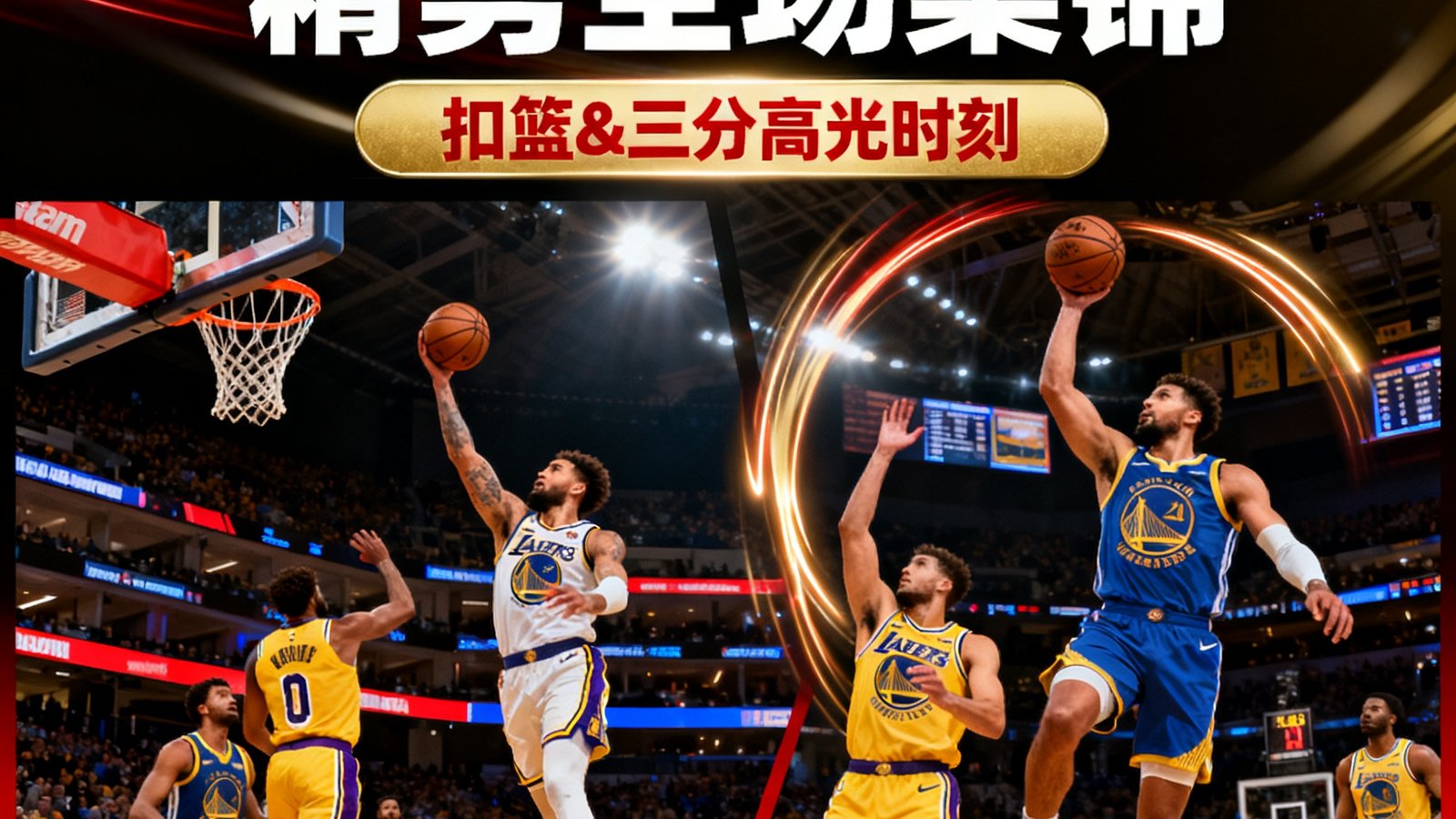 NBA全场集锦视频封面：湖人队与勇士队比赛中精彩扣篮和三分球的蒙太奇画面，时长4分钟的精剪版本