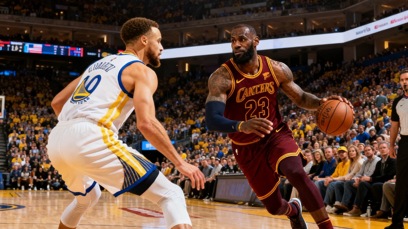 湖人队与勇士队的NBA常规赛高清直播画面：勒布朗·詹姆斯正持球突破，斯蒂芬·库里在前方防守，球馆内灯光璀璨观众座无虚席