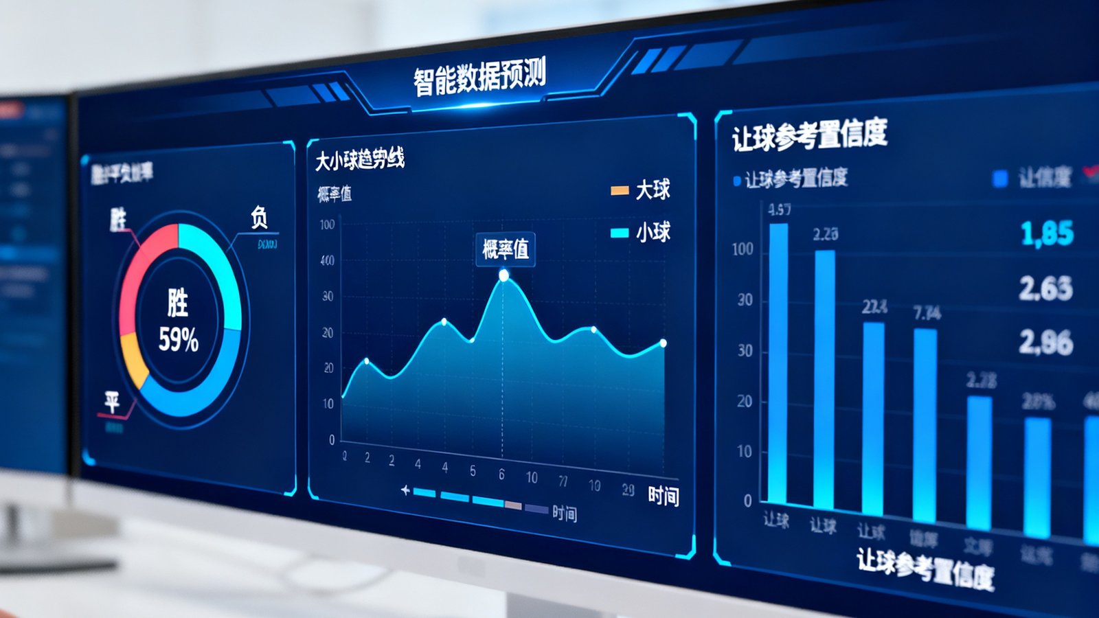 智能数据预测仪表盘界面：展示胜平负概率环形图、大小球趋势曲线和让球参考置信度指标